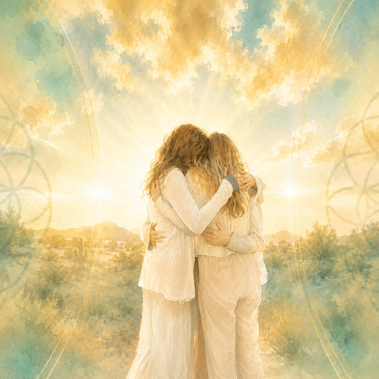 Two friends embracing in the golden desert light
