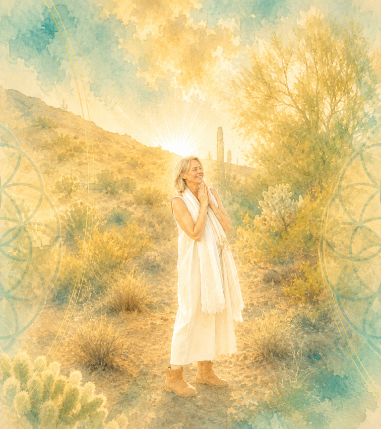 A woman standing in quiet prayer in the golden light of the Sonoran Desert