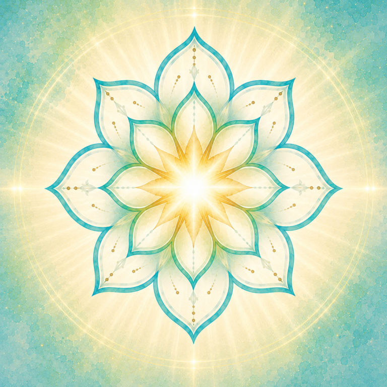 A luminous teal and gold lotus mandala