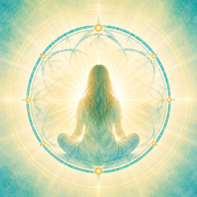 A woman in meditation surrounded by soft golden light