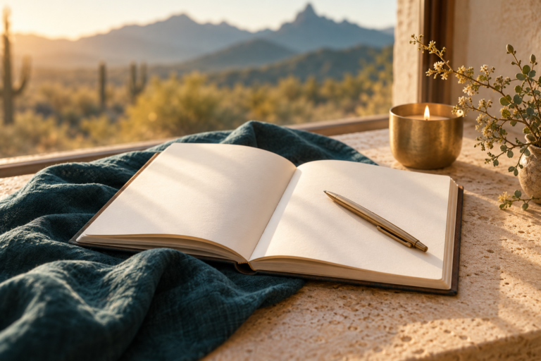 An open journal and pen beside a candle at a sunlit window overlooking the Sonoran Desert