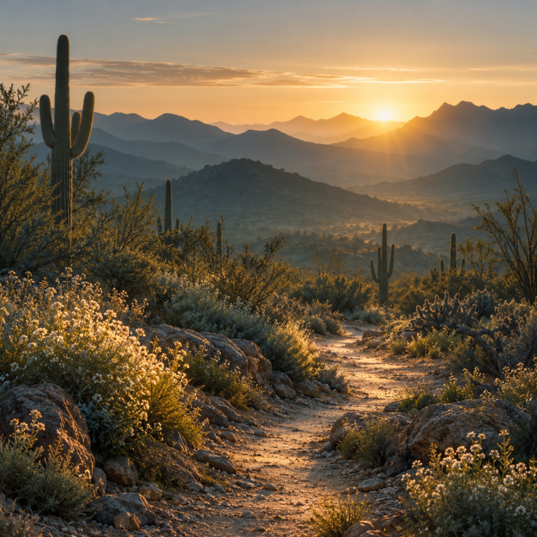 A desert trail winding through saguaros and wildflowers toward mountains at sunrise