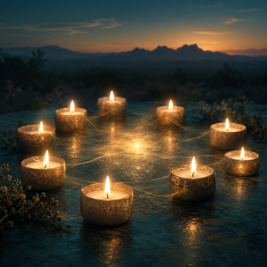 Inner Space circle of candles A circle of glowing candles joined by threads of golden light at dusk in the Sonoran Desert