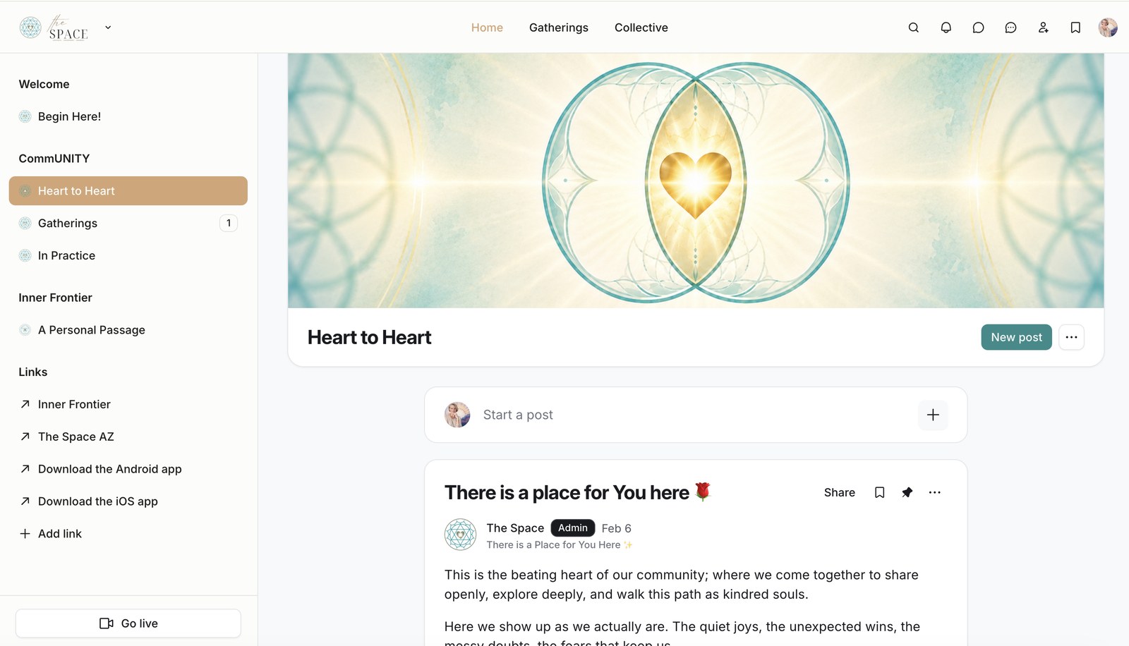 A view inside the Inner Space community, showing the Heart to Heart space