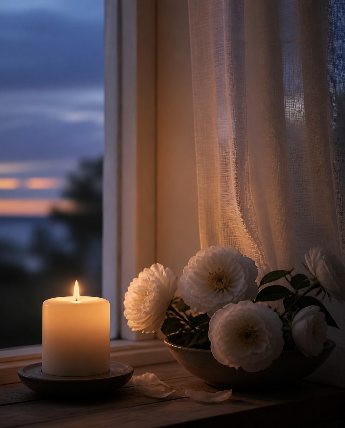 A single candle glowing beside a window at dusk