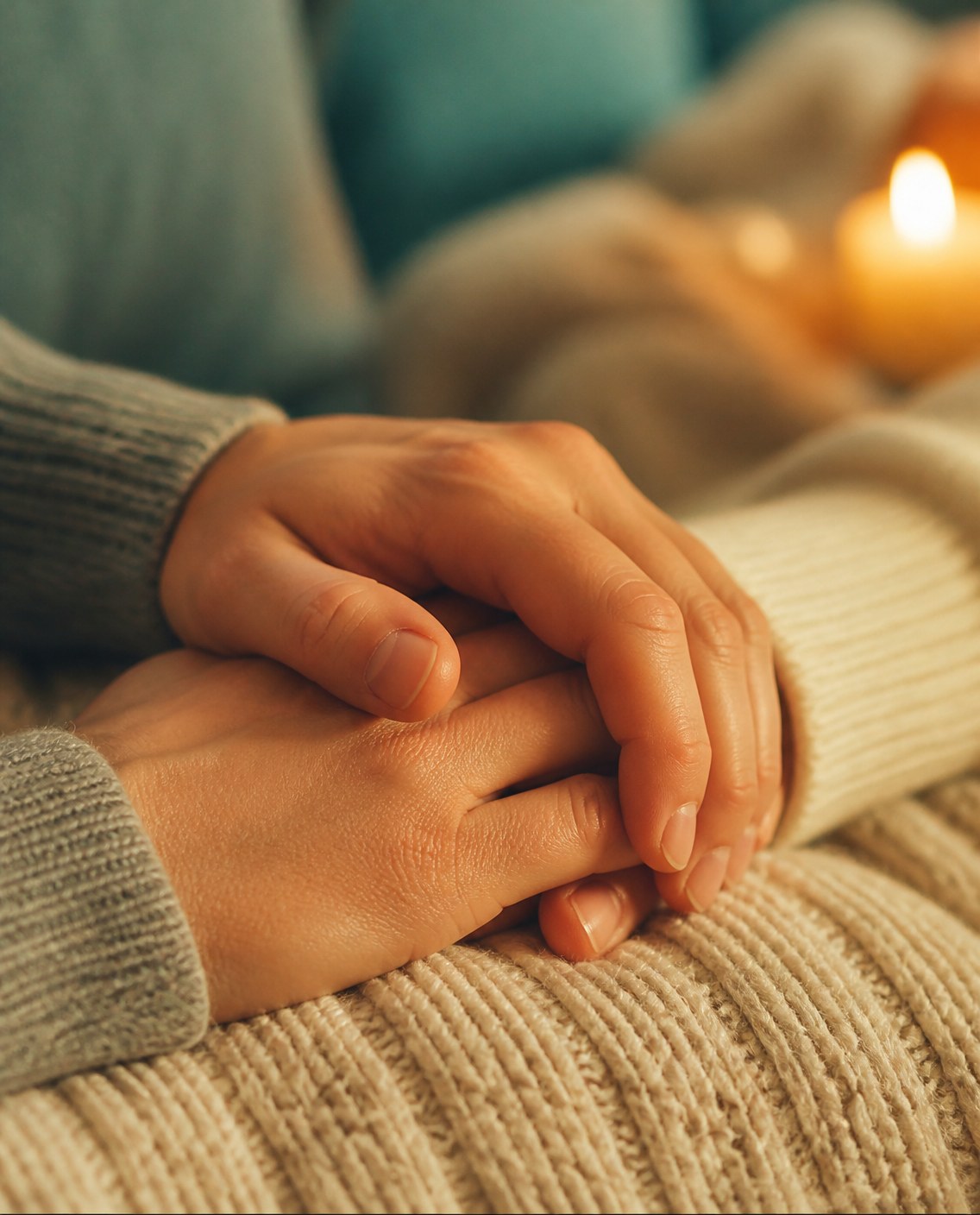 Two hands gently held together in warm light